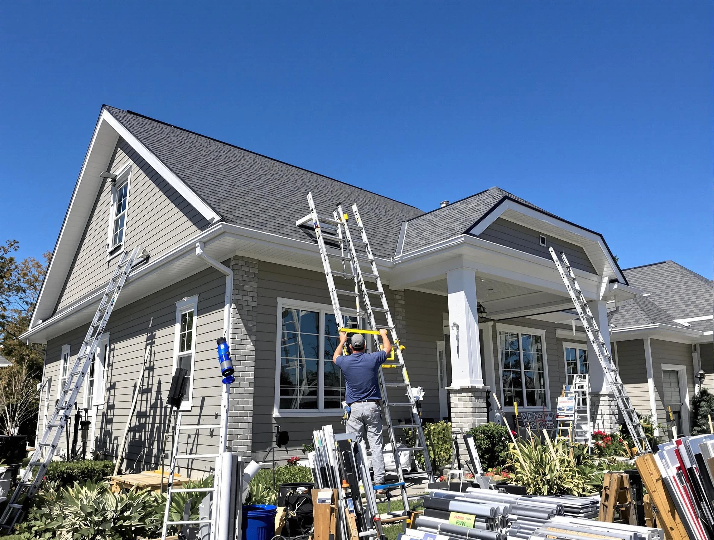 East Cleveland Roofing Company fitting rain gutters at a home in East Cleveland, OH