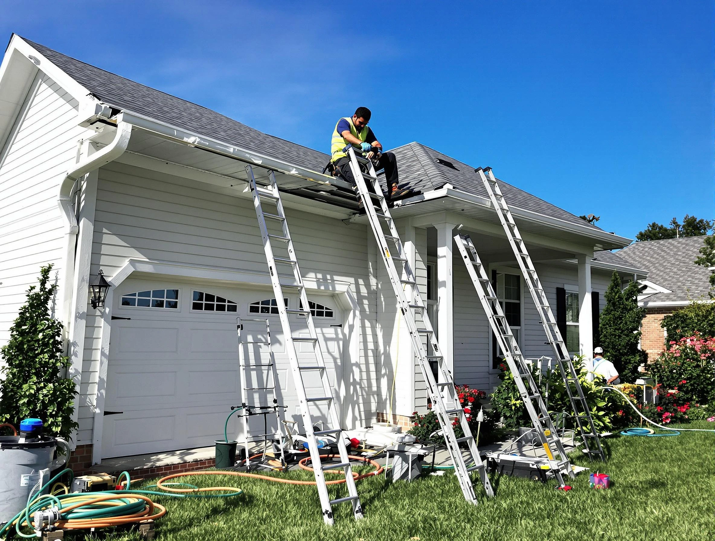 Removal of old gutters by East Cleveland Roofing Company to install new system in East Cleveland, OH